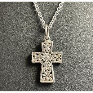 Vintage Cross Necklace Silver Tone Pendant Filigree Heart Easter Jewelry 20"